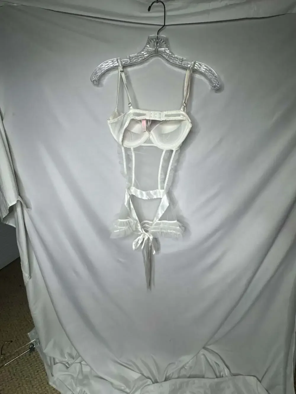 Victoria's Secret White Rhinestone Embroidered Mesh Corset Teddy. Size 34C.